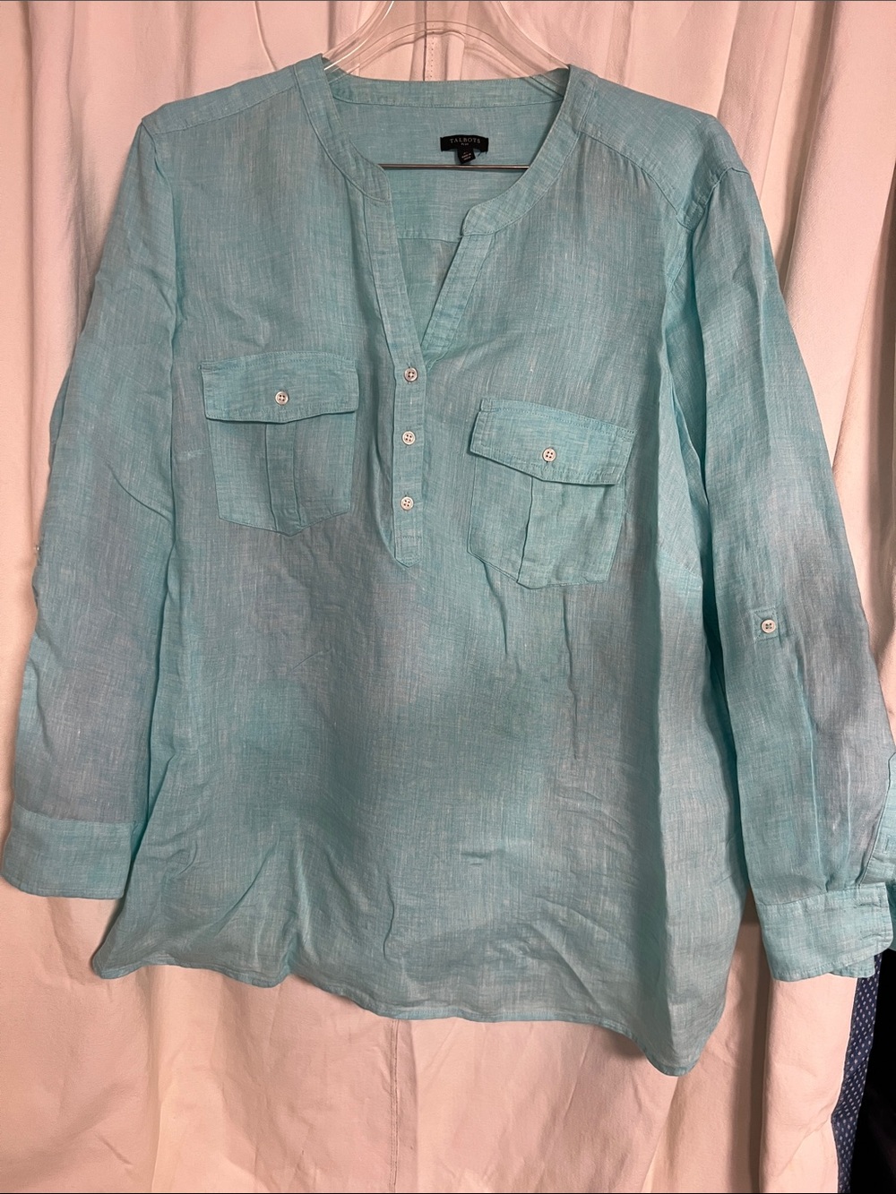 Talbots 3X Casual Turquoise Long-Sleeve 100% Linen Shirt